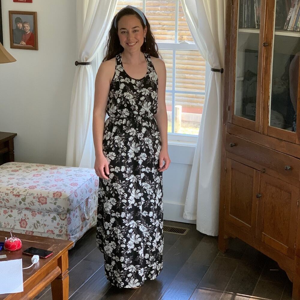 Pink Rose Black and White Floral Maxi Dress, S